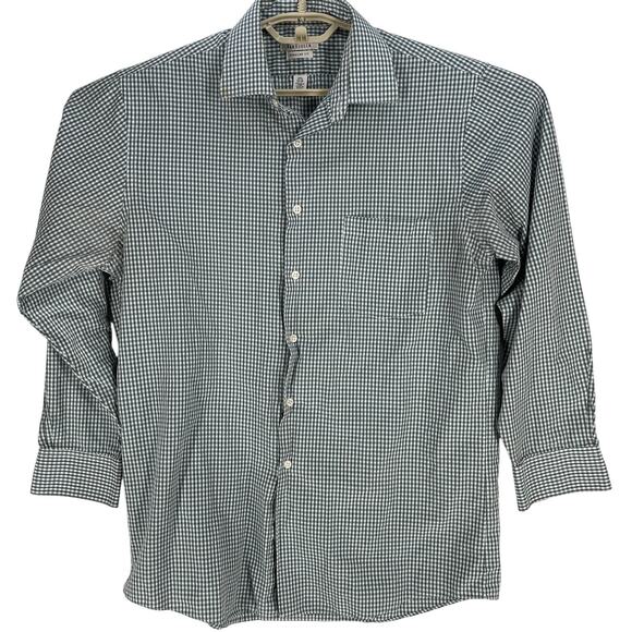 Van Heusen Shirt Mens Size 15.5 32/33 Green Gray White Checkered Button Up STAIN - Picture 1 of 7